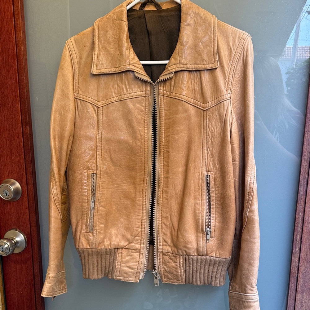 Tan C&A Vintage Leather Zip-Up Jacket
